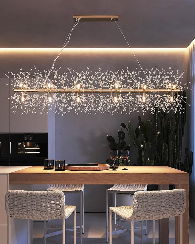 Modern 59" Modern Gold Crystal Firework Chandelier, 18-Light Pendant Light Fixture, Rectangle Linear Sputnik Dandelion Chandeliers for Dining Room Kitchen Living Room