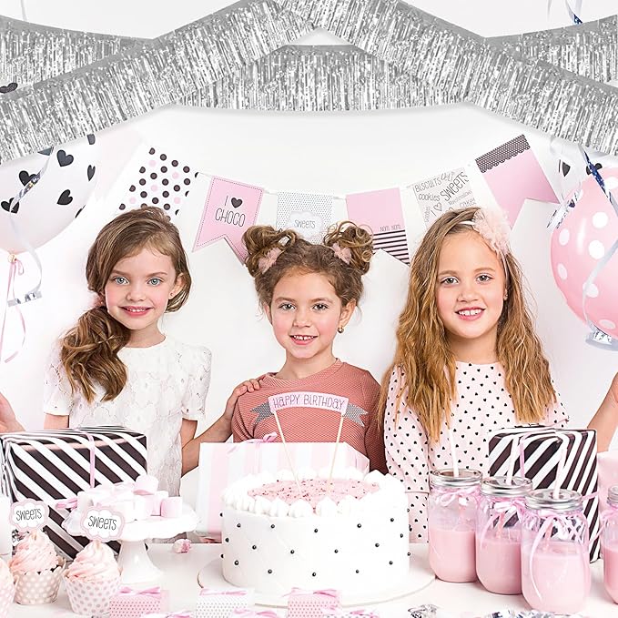 12 Pack 10 Feet Metallic Foil Fringe Garland Tinsel Streamers Banner, Silver Wall Hanging Tinsel Fringe Banners for Parade Floats, Wedding, Birthday, Christmas, New Year Party Decorations