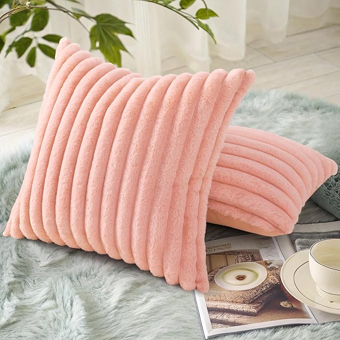 decorUhome Faux Fur Throw Pillow Covers 20x20 Set of 2, Decorative Soft Plush Striped Neutral Euro Pillow Covers with Velvet Back for Bed, Living Room Home Decor, Blush Pink