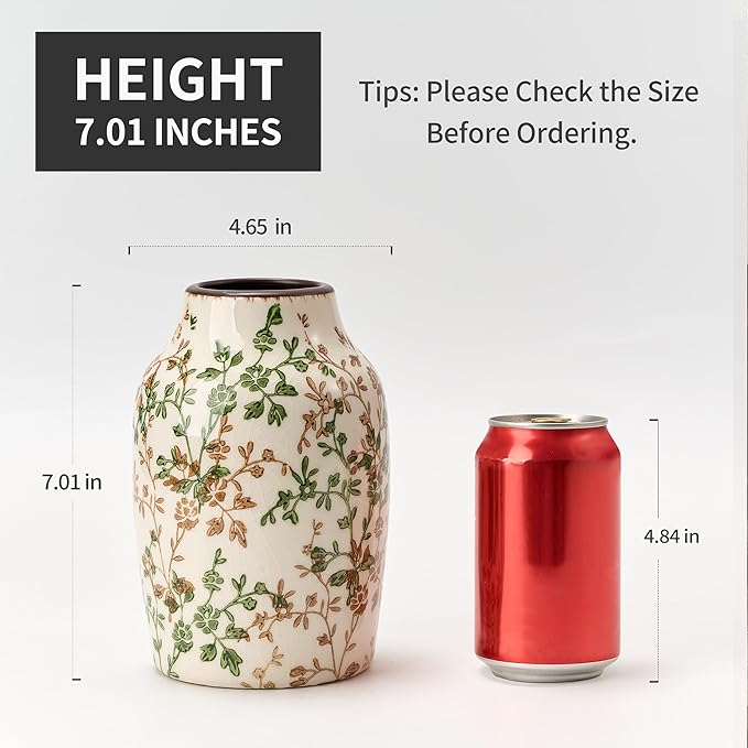 SIDUCAL Ceramic Green and Beige Antique Vase, 7 Inch Retro Ice Cracked Chinoiserie Floral Vase, Rustic Farmhouse Vases for Home Decor, Bookshelf, Office, Garden, Chinoiserie Decor, Tuscan Decor