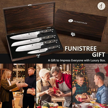 4 Pieces Professional Kitchen Knife Set, Damascus German Stainless Steel Chef Knife Set With Wooden Box, 8" Chef Knife, 5" Utility Knife, 8" Bread Knife, 7" Santoku Knife, Gift for Men Women Christmas