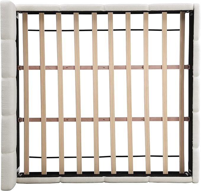 Christopher Knight Home Hazel King Size Platform Bed, Boucle Thick Headboard and Footboard, Upholstery Grounded Beds, Block Style, Wood Slats Panel Support, No Spring Box Needed, Easy Assembly, White