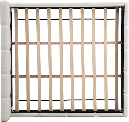 Christopher Knight Home Hazel King Size Platform Bed, Boucle Thick Headboard and Footboard, Upholstery Grounded Beds, Block Style, Wood Slats Panel Support, No Spring Box Needed, Easy Assembly, White