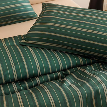 CLOTHKNOW Green Striped King Size Comforter Set 3Pcs Farmhouse Bedding Comforter Sets Ticking Farmhouse Comforter with 2 Pillow Cases