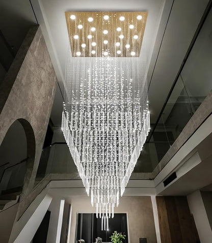 W47 x H120 Luxury Crystal Chandelier with LED Bulbs Glam Raindrop High Ceiling Square Light Chandeliers for Entrance Large Villa Foyer Living Room Lighting Fixtures Gold