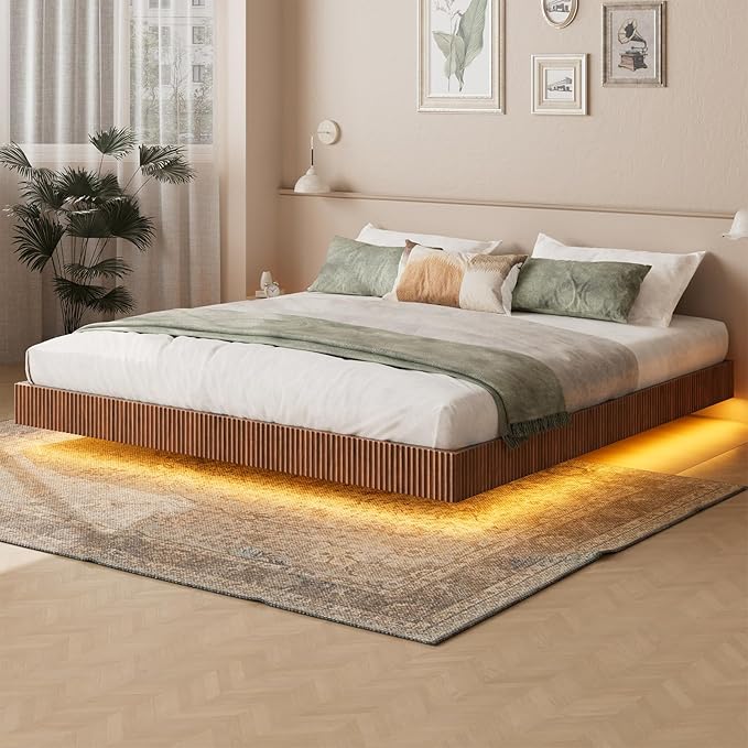 Evermagin Walnut King Floating Bed Frame with led Lights, Mid Century Modern Fluted Floating Platform Bed No Headboard, Heavy Duty Metal Float Bedframe, No Box Spring Needed