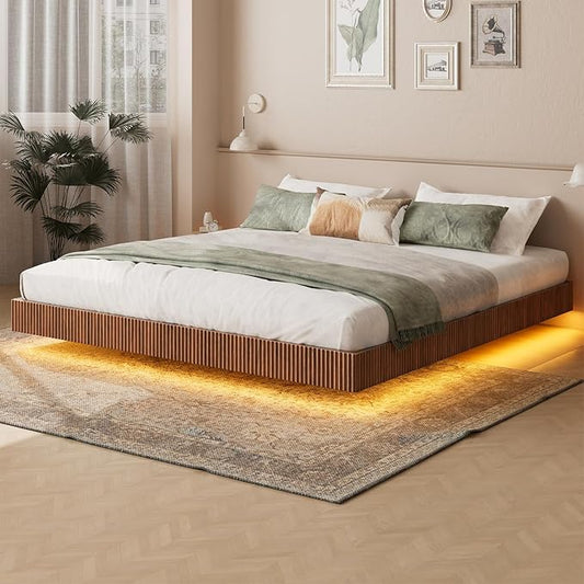 Evermagin Walnut King Floating Bed Frame with led Lights, Mid Century Modern Fluted Floating Platform Bed No Headboard, Heavy Duty Metal Float Bedframe, No Box Spring Needed