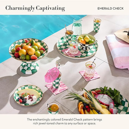 MACKENZIE-CHILDS Enamel Round Tray, Unique Serving Platter for Food and Drinks, Green-and-White Emerald Check