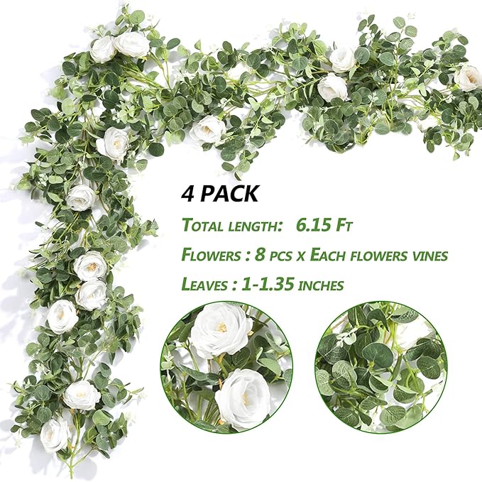 Der Rose 4 Pcs 13Ft Artificial Eucalyptus Flower Garland with Fake Silk Rose Flower Vine Seeded Eucalyptus Leaves Greenery Garland for Wedding Arch Table Wall Backdrop Party Room Decor (White)