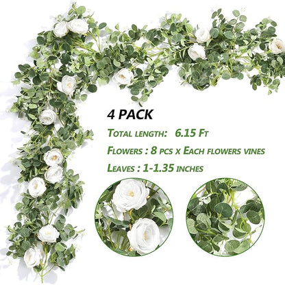 Der Rose 4 Pcs 13Ft Artificial Eucalyptus Flower Garland with Fake Silk Rose Flower Vine Seeded Eucalyptus Leaves Greenery Garland for Wedding Arch Table Wall Backdrop Party Room Decor (White)