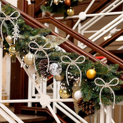 FLAIR GIFTS 6 Pcs 4.3" x 6" 2025 Christmas Bows for Tree Decor, Champagne Gold and Silver Sparkly Glitter Rhinestone Bow Ornaments with Twist Tie for Xmas Decoration, Wreath, Garland, Gift Wrapping