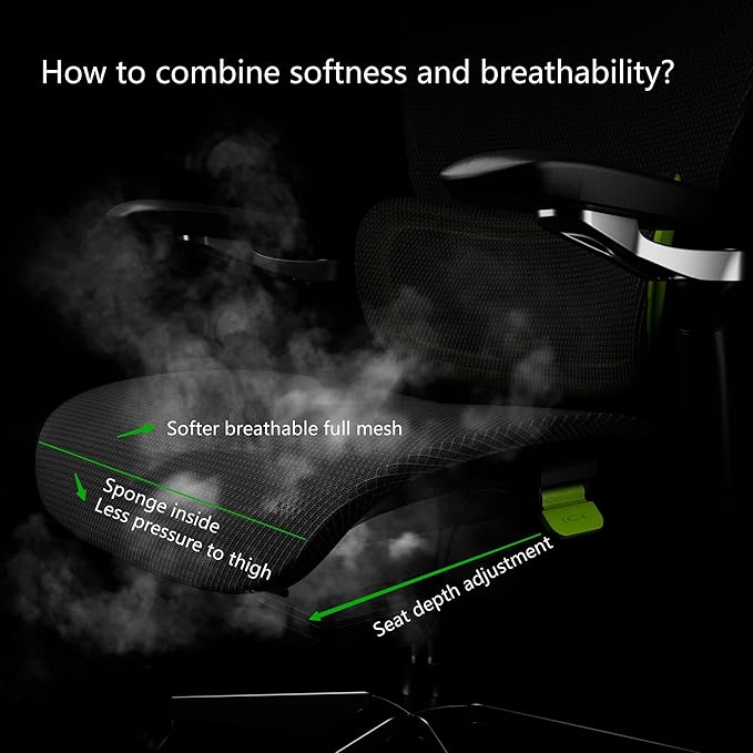 Ergonomic Office Chair, Mesh Home Desk Chair with Adaptive Lumbar Support, Gaming Chair with Headrest, 5D Armrest,90-130°Tilt, BIFMA Certified, Model Zen (Green)
