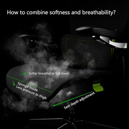 Ergonomic Office Chair, Mesh Home Desk Chair with Adaptive Lumbar Support, Gaming Chair with Headrest, 5D Armrest,90-130°Tilt, BIFMA Certified, Model Zen (Green)