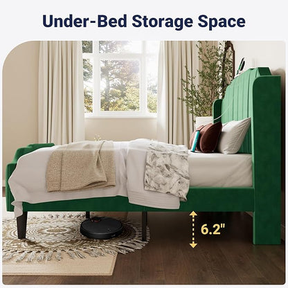 Allewie Vintage Full Size Velvet Platform Bed Frame with Curved Vertical Tufted Wingback Headboard and Footboard, Charging Station, Easy Assembly, Under Bed Storage, No Box Spring Required, Green