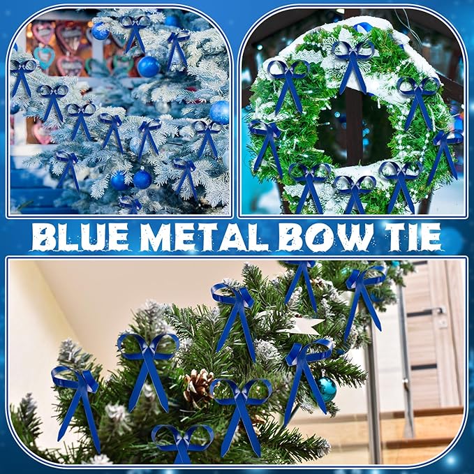 12 Pcs 2025 Metal Christmas Bow Ornaments for Christmas Tree Garland Wreath Bulk Bow with Clip Ornament Vintage Indoor Outdoor Home Xmas Party Decorations, 4 x 5 Inches (Blue)