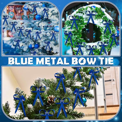 12 Pcs 2025 Metal Christmas Bow Ornaments for Christmas Tree Garland Wreath Bulk Bow with Clip Ornament Vintage Indoor Outdoor Home Xmas Party Decorations, 4 x 5 Inches (Blue)