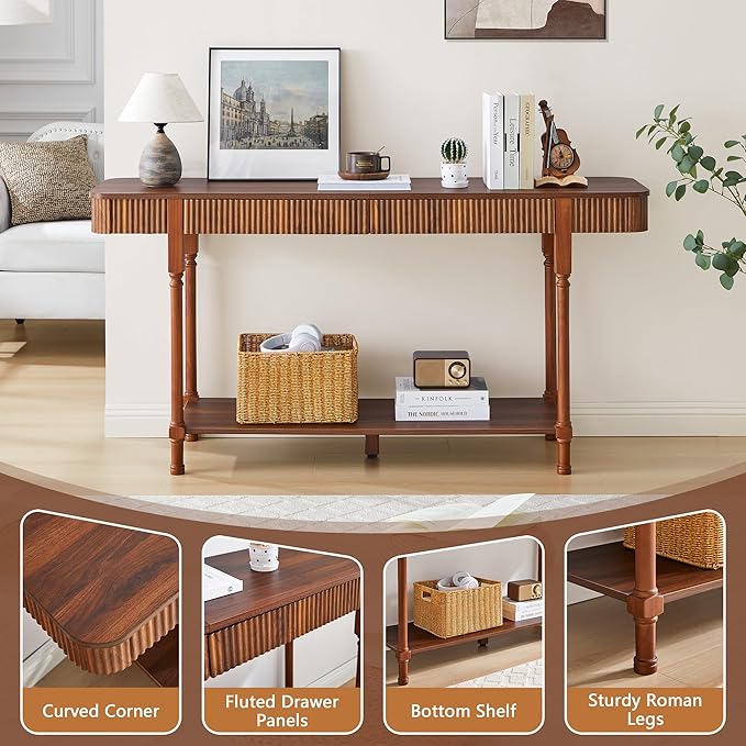 63'' Fluted Console Table with 2 Drawers, 2-Tier Long Entryway Tables with Open Storage, Wooden Narrow Sofa Table Behind Couch, Foyer Accent Table for Living Room, Hallway, Entrance (Walnut)