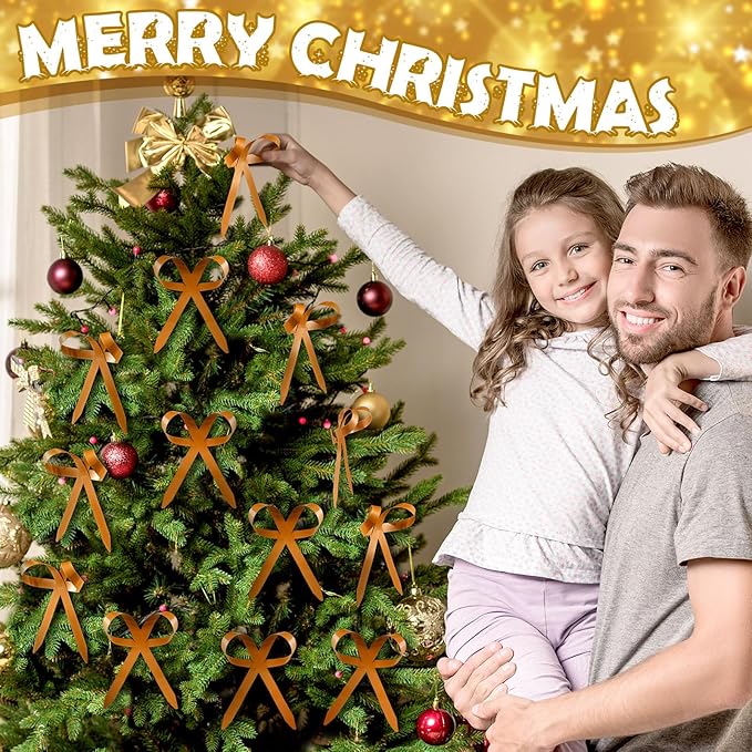 12 Pcs 2025 Metal Christmas Bow Ornaments for Christmas Tree Garland Wreath Bulk Bow with Clip Ornament Vintage Indoor Outdoor Home Xmas Party Decorations, 4 x 5 Inches (Khaki)