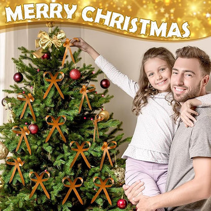 12 Pcs 2025 Metal Christmas Bow Ornaments for Christmas Tree Garland Wreath Bulk Bow with Clip Ornament Vintage Indoor Outdoor Home Xmas Party Decorations, 4 x 5 Inches (Khaki)