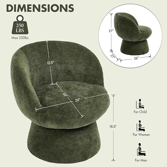 360° Swivel Accent Chair with Curved Back, Modern Green Chenille Upholstered Round Barrel Chair, Bucket Vanity Armchair for Small Space,Living Room, Bedroom