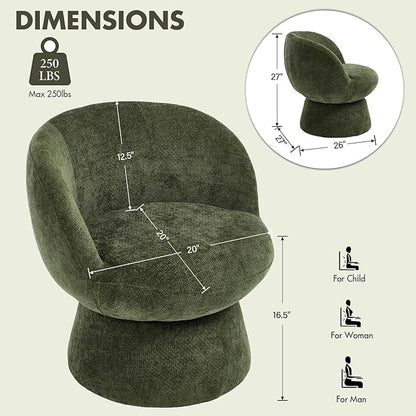 360° Swivel Accent Chair with Curved Back, Modern Green Chenille Upholstered Round Barrel Chair, Bucket Vanity Armchair for Small Space,Living Room, Bedroom