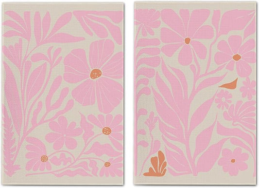 Boho Floral Dish Towels Vintage Abstract Flowers Waffle Weave Kitchen Towels Pink Flower