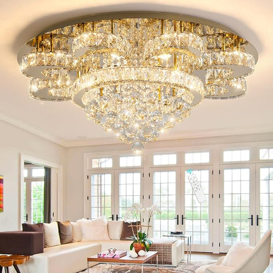 Modern Chandelier Living Room Glam Chandeliers Ceiling Light Fixture Remote Dimmable Lights 32 Inches Luxury Crystal Gold Light