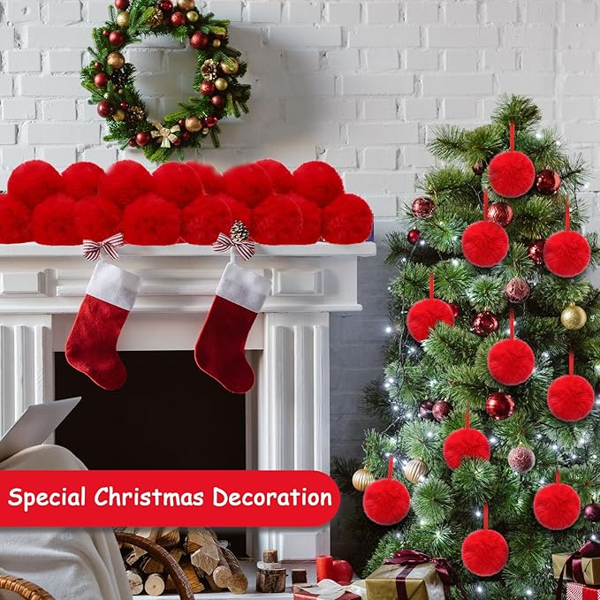 24 Pcs Red Furry Christmas Ball Ornaments for Tree 3.94 Inches Large Pom Pom Ball Christmas Hanging Decoration for Party Supplies Fireplace Mantel Wall Decor