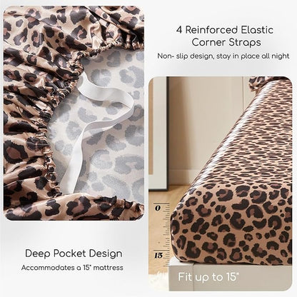 MR&HM Satin Bed Sheets with Elastic Corner Straps, King Size Sheets Set, 6 Pcs Silky Bedding Set with 15 Inches Deep Pocket for Mattress (King, Brown Leopard)