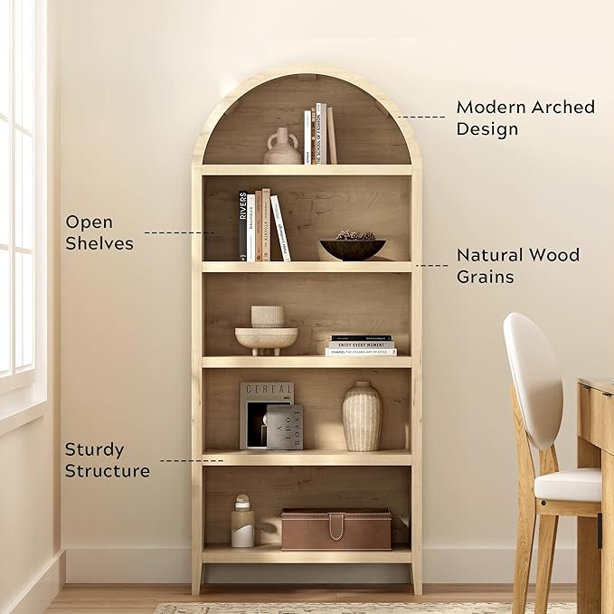 71" Tall Arched Bookcase, 5 Tier Bookshelf with Adjustable Shelves Wood Storage Cabinet Freestanding Display Kitchen Pantry for Living Room Home Office, Light Oak