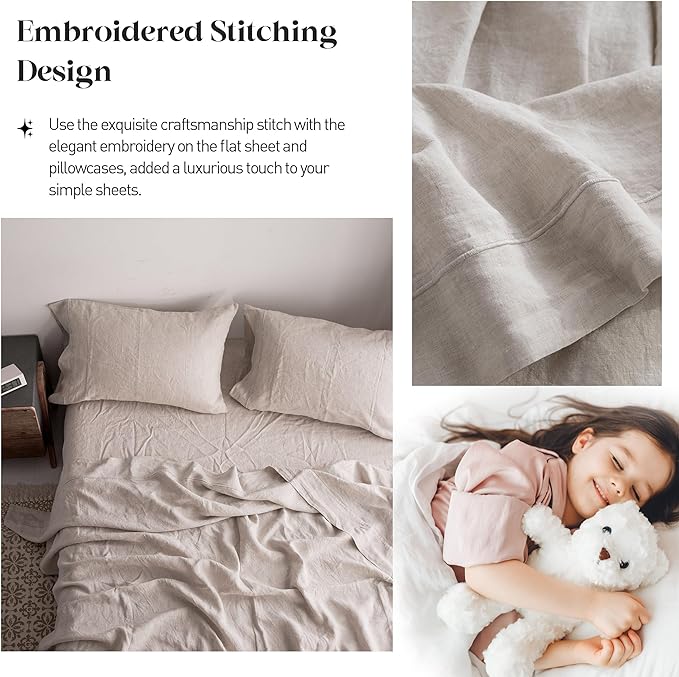 Simple&Opulence 100% Pure Linen Sheet Set King Size, Natural French Flax Solid Color 4 Pcs Washed Breathable, Farmhouse Bedding (1 Flat Sheet,1 Fitted Sheet,2 Pillowcases)-Embroidery Linen