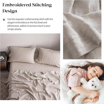Simple&Opulence 100% Pure Linen Sheet Set King Size, Natural French Flax Solid Color 4 Pcs Washed Breathable, Farmhouse Bedding (1 Flat Sheet,1 Fitted Sheet,2 Pillowcases)-Embroidery Linen