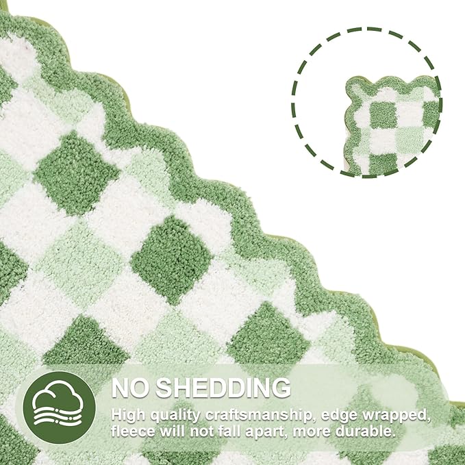 ORTIGIA Cute Green Checkered Scalloped Bath Mat, Fun Plush Microfiber Bathroom Rugs Non Slip Washable Quick Dry Absorbent, Bath Rug for Shower Stall Vanities Kitchen Floor Entrance, 20x32