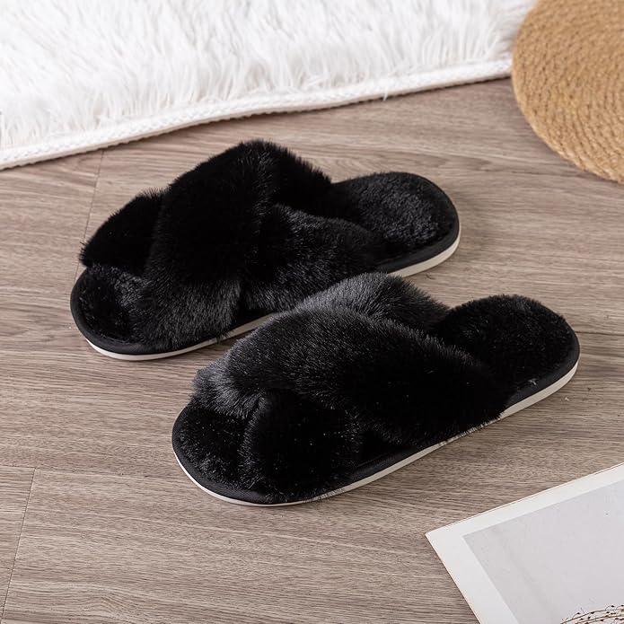 Women's Slipper Memory Foam Cross Band Fuzzy Slippers Open Toe Cozy House Slippers Cozy Plush Bedroom Indoor Outdoor