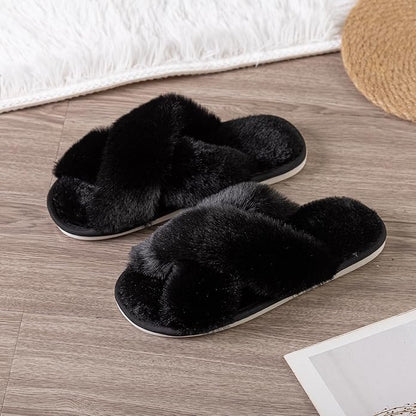 Women's Slipper Memory Foam Cross Band Fuzzy Slippers Open Toe Cozy House Slippers Cozy Plush Bedroom Indoor Outdoor