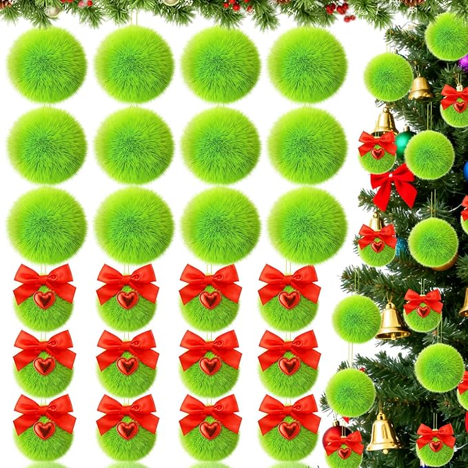 Jenaai 24 Pcs Lime Green Ball Christmas Ornaments for Xmas Tree 2 Size Christmas Hanging Decorations Soft Furry Pom Pom Balls with Red Bow for Xmas Tree Hanging Decor Party Supplies