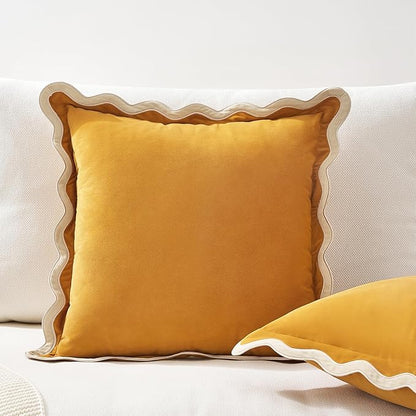 MONDAY MOOSE Decorative Throw Pillow Covers Cushion Cases, Set of 2 Soft Velvet Scalloped Wavy Edge Designs, Mix and Match for Home Decor, Pillow Inserts Not Included (Cream/Honey, 20x20 inch)