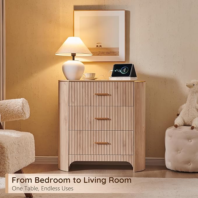 Fluted 3 Drawers Nightstand with Charging Station,31.7" W Bedside Table with Curved Profile Design,End Table Storage with USB Ports for Bedroom,Living Room,Gold Metal Handle,Light Oak