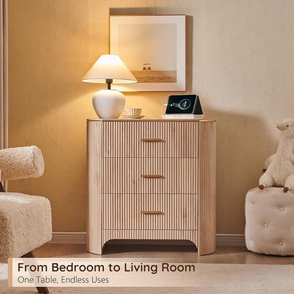 Fluted 3 Drawers Nightstand with Charging Station,31.7" W Bedside Table with Curved Profile Design,End Table Storage with USB Ports for Bedroom,Living Room,Gold Metal Handle,Light Oak