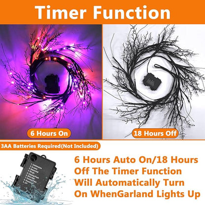 6 Ft 54 LED Halloween Willow Vine Twig Decor Garland with 8 Modes Timer Orange & Purple Lights Waterproof Battery Operated Halloween Decorations for Home Bedroom Wall Fireplace Mantle Decor