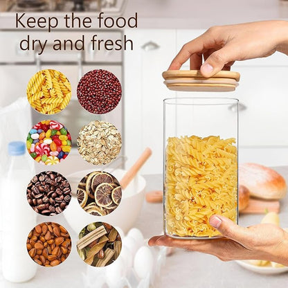 1.6 Qt Square Glass Storage Containers with Lids, Clear Food Storage Container Jar with Sealing Bamboo Lid for Noodles Flour Cereal Rice Sugar Tea Coffee Beans,Square Set of 3
