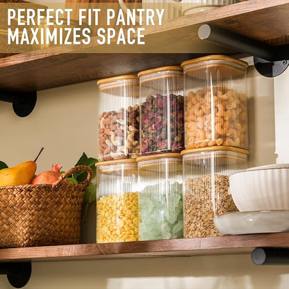 37oz Airtight Glass Square Storage Canisters with Bamboo Lids Set of 4 (1100ml) Striped Stackable Containers, Kitchen Jars for Pantry Noodles, Flour and Coffee beans (‎with Black Lable)