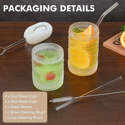 Vintage Hobnail Drinking Glasses Set of 8,Clear 12 oz & 15oz Highball Glass Cups, Kitchen Drinkware Glassware