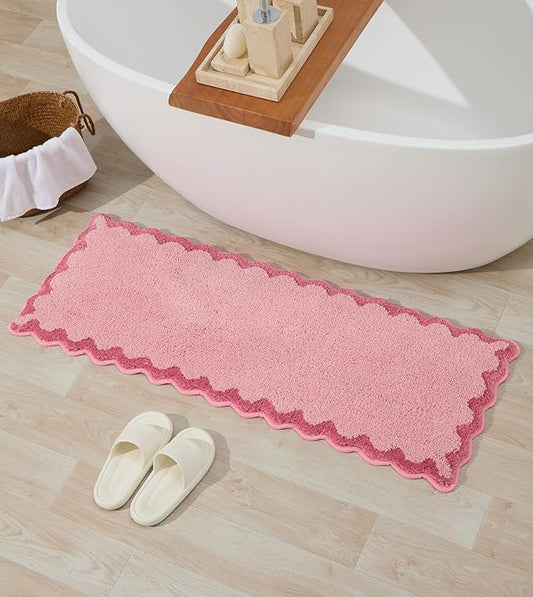 ORTIGIA Long Cute Scalloped Bathroom Rugs Runner, Fun Candy Pink Plush Microfiber Scallop Bath Mats Non Slip Washable Quick Dry Absorbent, Rug for Bathtub Sink Laundry Room Bedroom, 17x47
