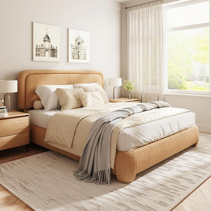 Queen Size Boucle Bed Frame, Cloud Upholstered Platform Bed with Height Adjustable Headboard & Soft Rounded Corners, No Box Spring Needed, Noise Free, Easy Assembly, Camel