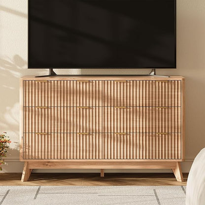 47'' Wide 6 Drawers Dressers for Bedroom, Modern Fluted Chest with Arc Corners, Large Wooden Dresser TV Stand, Wood Closet Clothes Storage Organizer for Living Room, Natural Wood