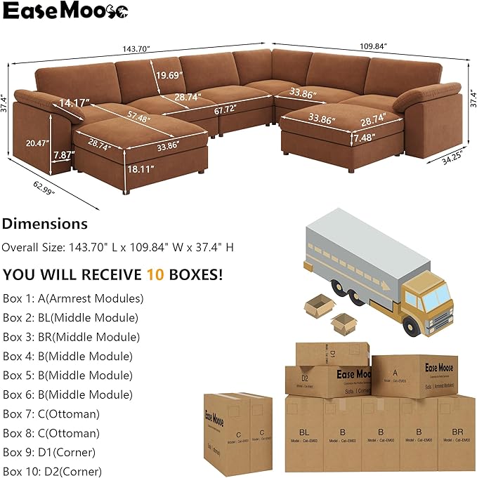 EASE MOOSE Oversized Sectional Modular Sofa,Chenille Large u Shape Sectional Couch Wide Deep Brown Modular Sofa Couch