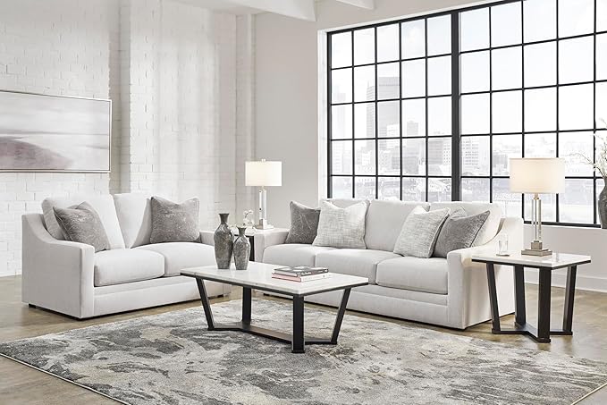 Signature Design by Ashley Maitelynn Contemporary Loveseat with Accent Pillows, Reversible Cushions and Sloped Arms, Light Gray