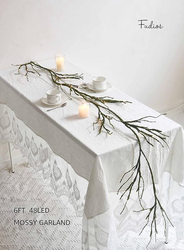 Fudios Greenery Garland with Lights for Mantle with Timer 48 LED 6FT Mossy Vine Garland Lights for Table Centerpieces Indoor Outdoor