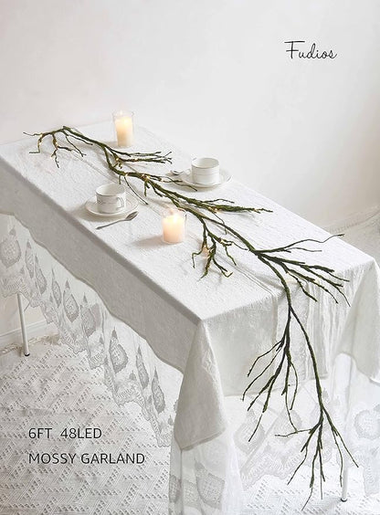 Fudios Greenery Garland with Lights for Mantle with Timer 48 LED 6FT Mossy Vine Garland Lights for Table Centerpieces Indoor Outdoor